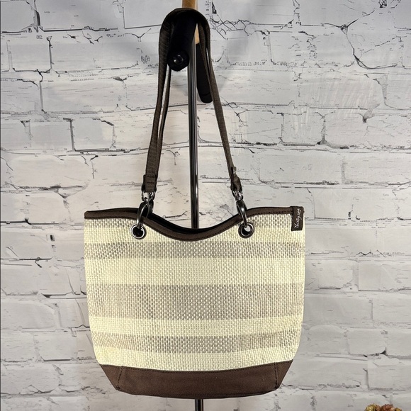 thirty-one Handbags - Thirty-One Canvas Crew Mini Tote in Taupe Straw Stripe Pattern Brown Canvas Trim